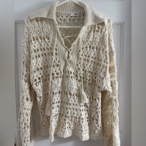 MANGO Cream Openwork Holbox Sweater Crochet Open Knit Lace Up Polo Top S - Picture 4 of 6